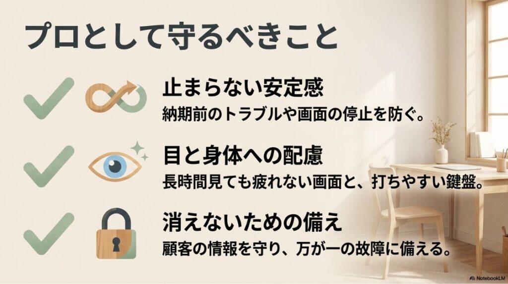 Webライターのパソコン選びでおすすめの初心者向け：プロのWebライターとして守るべき3つのこと。納期前のトラブルを防ぐ「止まらない安定感」、長時間作業でも疲れない「目と身体への配慮」、情報を守る「消えないための備え」。