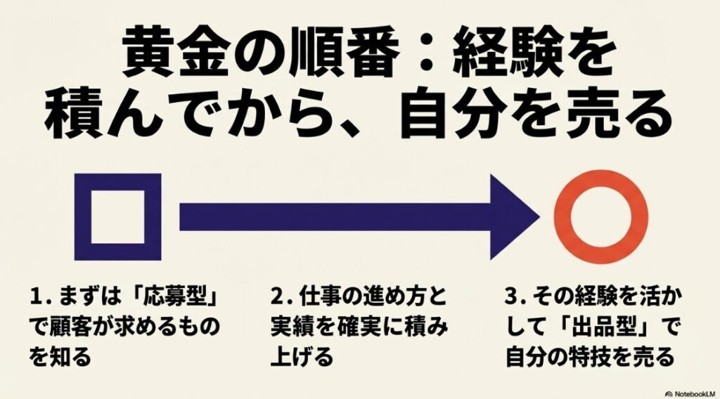 クラウドワークスとココナラとの違いは？どっちか比較：副業を進める黄金の順番を示したスライド。まずは応募型で顧客の要望を知り実績を積み、その経験を活かして出品型で自分の特技を売るステップが解説されている