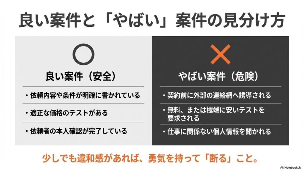 クラウドワークスで初心者が稼げない理由:依頼内容の明確さや適正価格のテストなど良い案件の特徴と、外部誘導や無料テストなど危険なやばい案件の特徴を比較したスライド