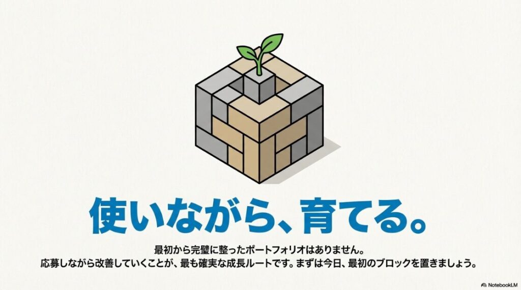 Webライターのポートフォリオ例│未経験の作り方:使いながら育てるイメージ図。最初から完璧なポートフォリオはないため、応募しながら改善し、最初のブロックを置いていくことが確実な成長ルートである 。