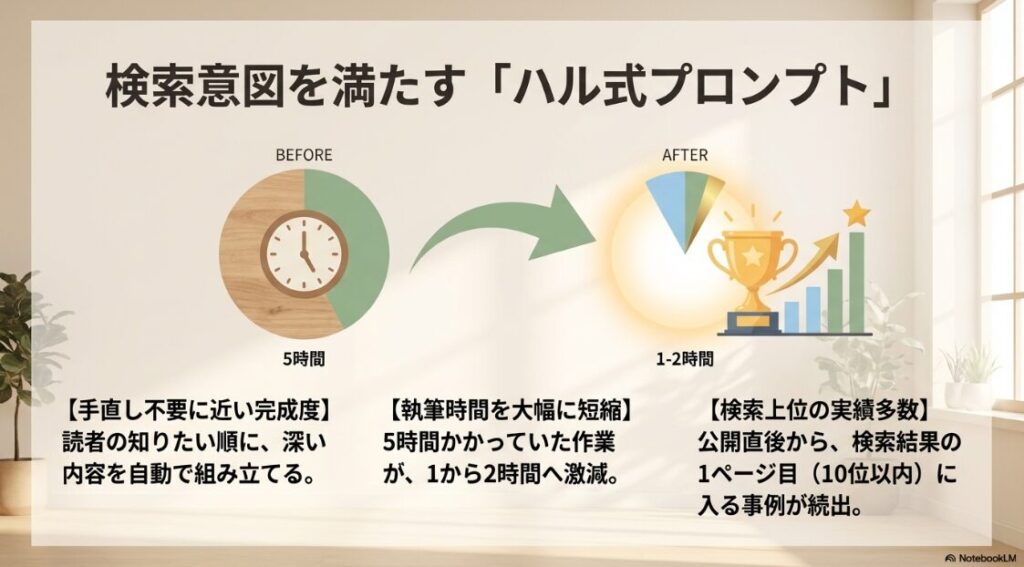 Webライターのパソコン選びでおすすめの初心者向け：検索意図を満たすハル式プロンプトの効果。執筆時間が5時間から1〜2時間へ大幅に短縮されること、手直し不要に近い完成度であること、検索上位の実績が多数あることの解説。