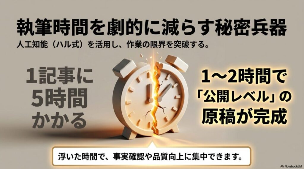 Webライターがクラウドソーシングを使う闇：ハル式AIを活用し、1記事5時間かかっていた執筆時間を1〜2時間に短縮し限界を突破することを示す割れた時計の画像のスライド