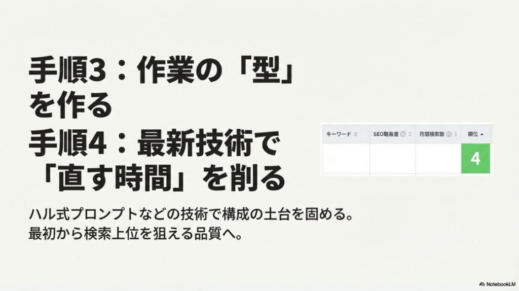Webライターは儲からない?稼げない:手順3:作業の型を作る。手順4:最新技術で直す時間を削る。最初から検索上位を狙える品質へ