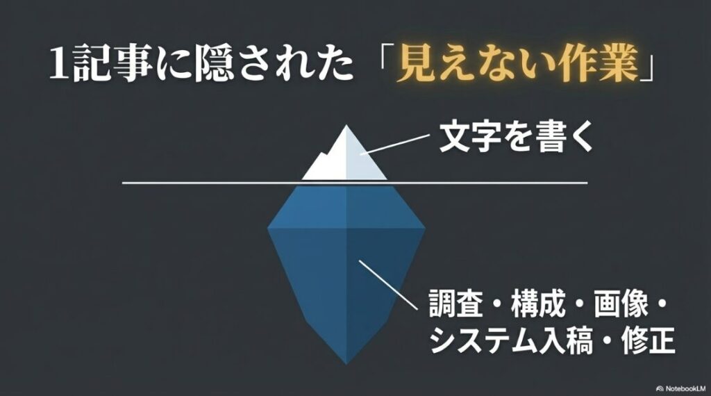 Webライターの文字単価相場:Webライティングにおける、文字を書くこと以外の調査や構成、画像選定、入稿などの見えない作業を図解したスライド