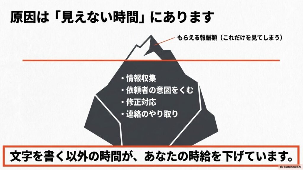 クラウドワークスは安すぎて月3万は無理?氷山のイラスト。もらえる報酬額は見えている部分だけで、水面下には情報収集や修正対応などの「見えない時間」が隠れていることを示す図