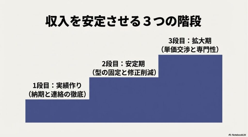 Webライターは稼げるのか：Webライターの収入を安定させるための3つの階段を示した図