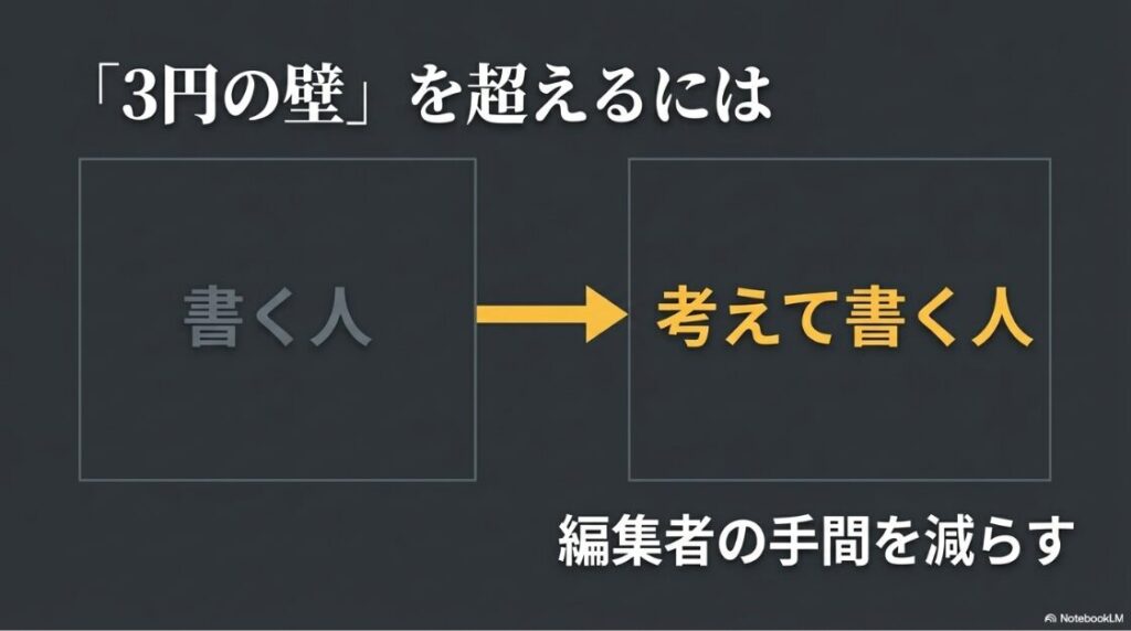3円の壁を超えるには、ただ書く人から考えて書く人になり、編集者の手間を減らすことが必要だと解説するスライド