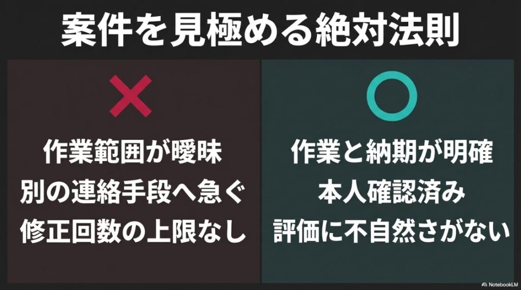 ランサーズvsクラウドワークス│初心者はどっち?違いは?案件を見極める絶対法則として、作業範囲の明確さや本人確認の有無などを比較したスライド