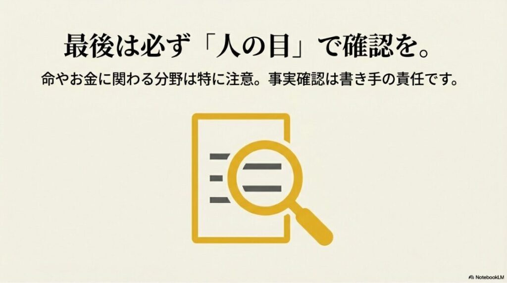最後は必ず「人の目」で確認を。命やお金に関わる分野は特に注意が必要であることを示す虫眼鏡のアイコン。
