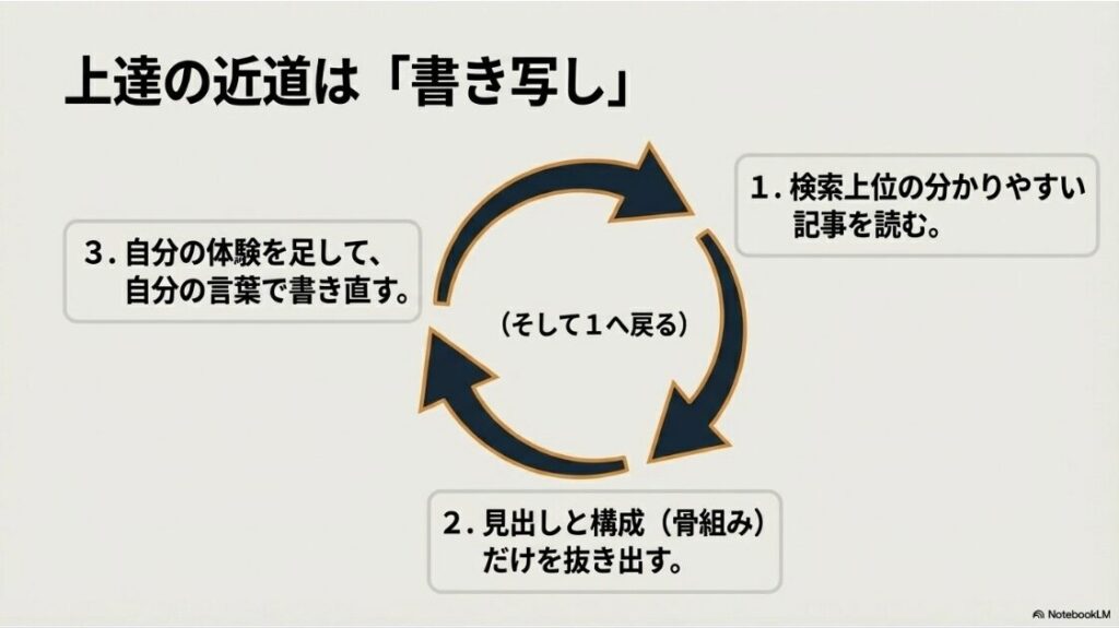 Webライターの記事の書き方と文章力：上達の近道は書き写し。1.検索上位の分かりやすい記事を読む、2.見出しと構成だけを抜き出す、3.自分の体験を足して自分の言葉で書き直す。