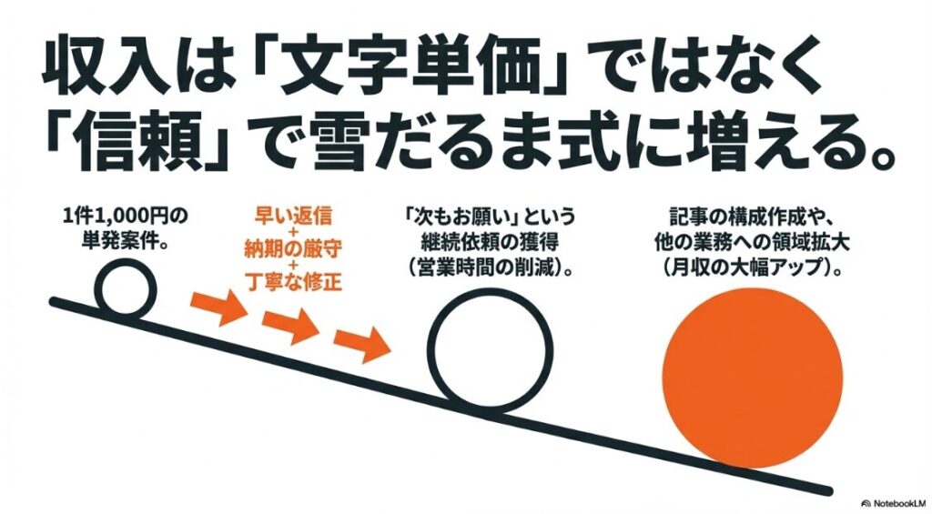 クラウドワークスでWebライターを未経験から始め方│収入は文字単価ではなく信頼で雪だるま式に増えることを示す図解 。