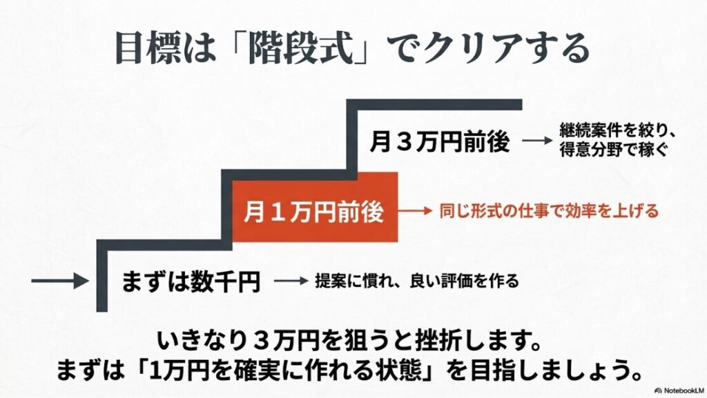 クラウドワークスは安すぎて月3万は無理?収入を数千円、月1万円、月3万円と階段式に増やしていくための目標設定を示す図