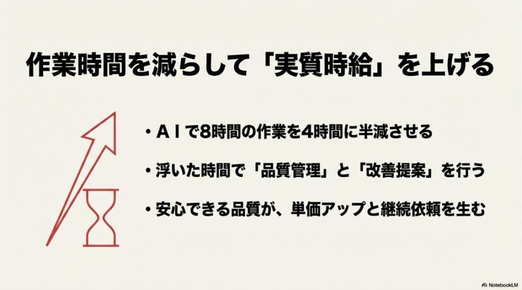 WebライターがchatGPTで失敗しないプロンプトと記事量産術:AIで作業時間を半減させ、浮いた時間で品質管理と改善提案を行い実質時給を上げる戦略の解説スライド