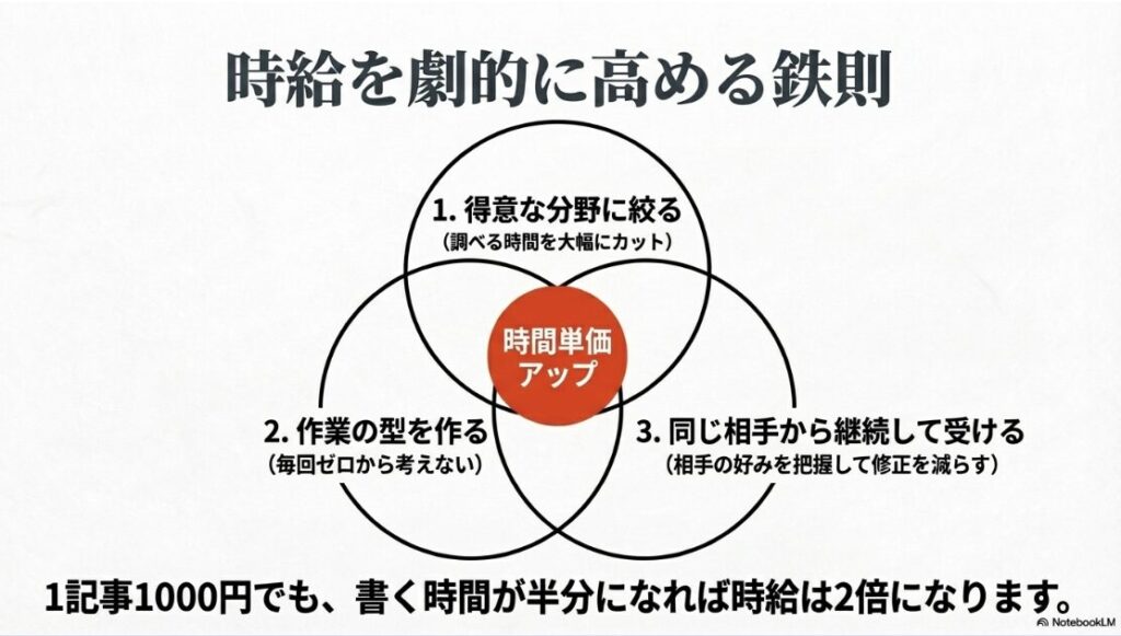 クラウドワークスは安すぎて月3万は無理?時給を高めるための鉄則(得意分野に絞る、作業の型を作る、継続して受ける)をまとめたスライド