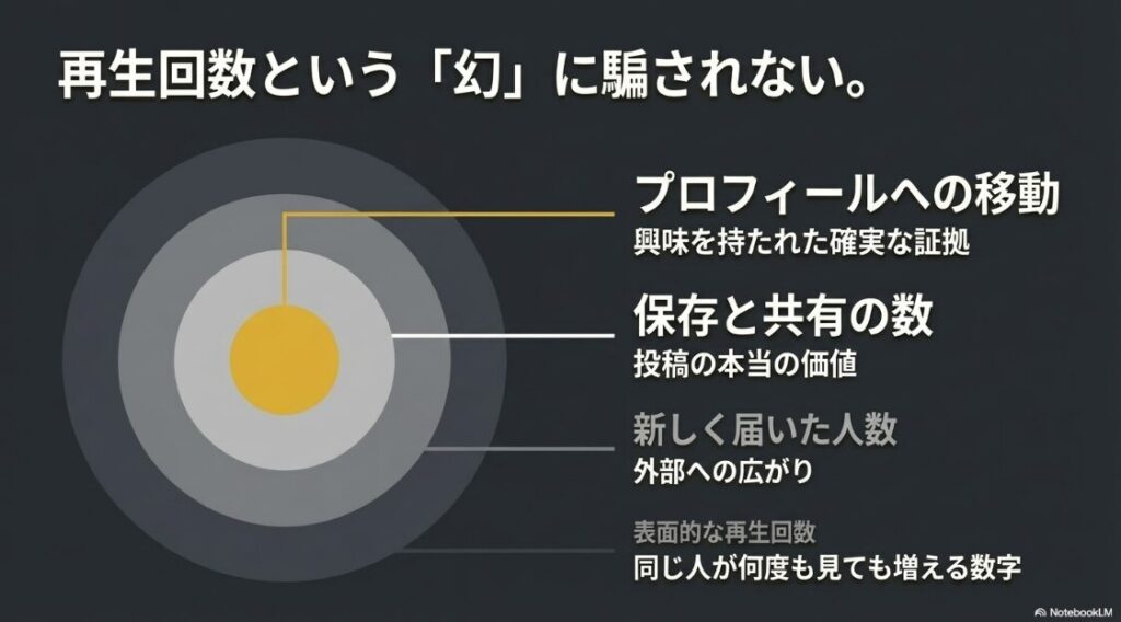 インスタのリールの再生回数が伸びない？急に減った原因：表面的な再生回数に騙されず、プロフィールへの移動や保存・共有の数など、投稿の本当の価値を見るべきと伝えるスライド画像