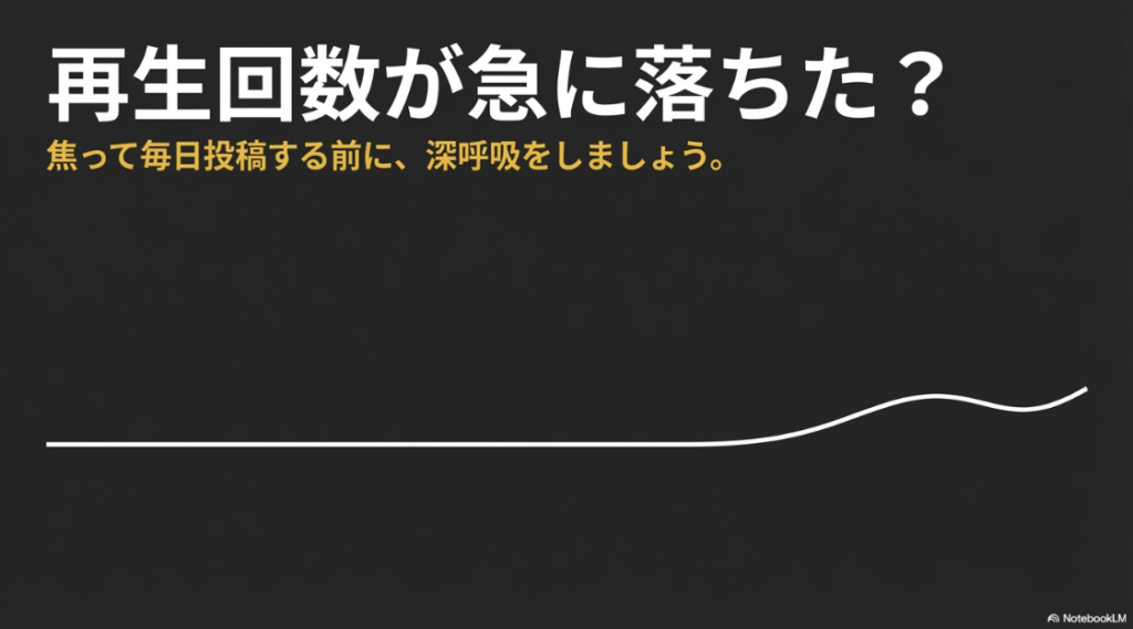 インスタのリールの再生回数が伸びない？急に減った原因：再生回数が急に落ちた？焦って毎日投稿する前に深呼吸をしましょう、と呼びかけるスライド画像