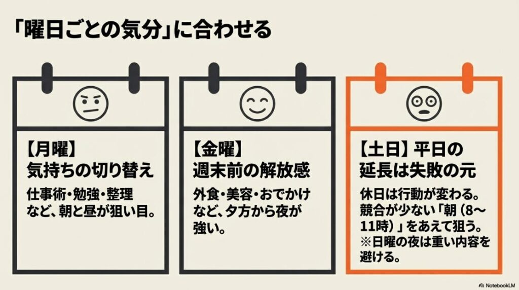 月曜日は朝と昼、金曜日は夕方から夜、土日は朝など、曜日ごとのユーザーの気分に合わせたリール投稿戦略