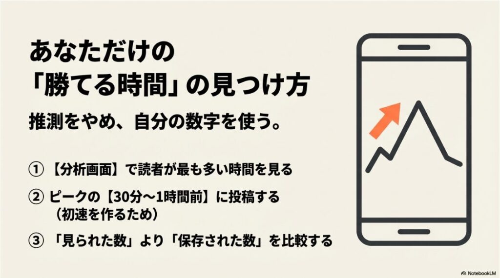 インスタのリールがバズる時間は？何時に投稿：インスタの分析画面を活用し、読者が多いピークの30分〜1時間前に投稿して保存数を比較する自分専用の投稿時間の見つけ方