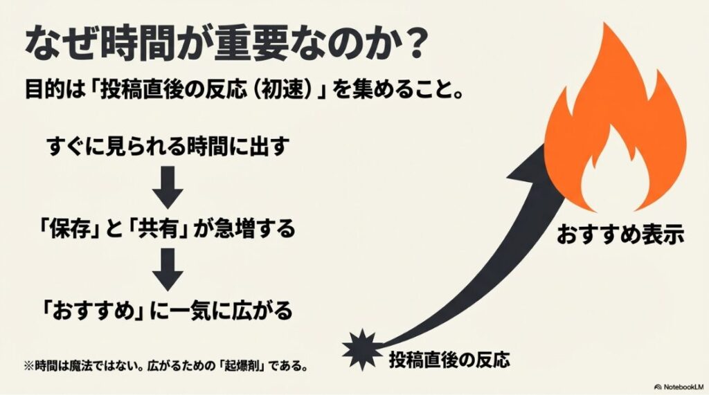 インスタのリールがバズる時間は？何時に投稿：投稿直後の初速を集め、保存や共有を増やすことでおすすめ表示に一気に広がるという投稿時間の重要性
