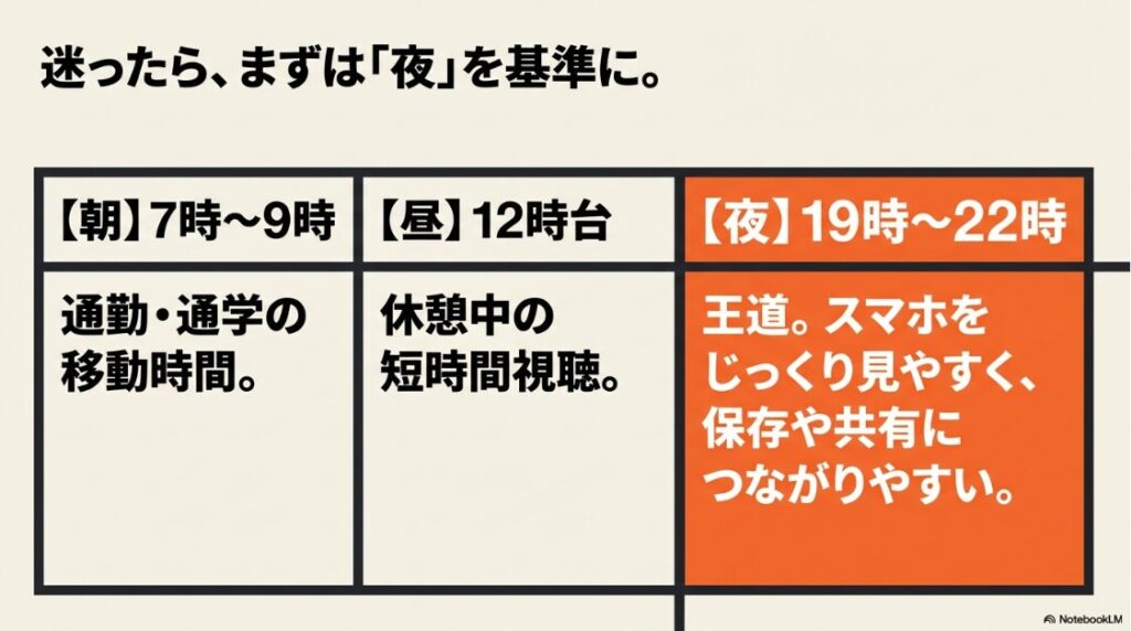 インスタのリールがバズる時間は？何時に投稿：朝・昼・夜それぞれの時間帯におけるインスタユーザーの視聴傾向と、迷ったら夜（19時〜22時）を基準にする理由