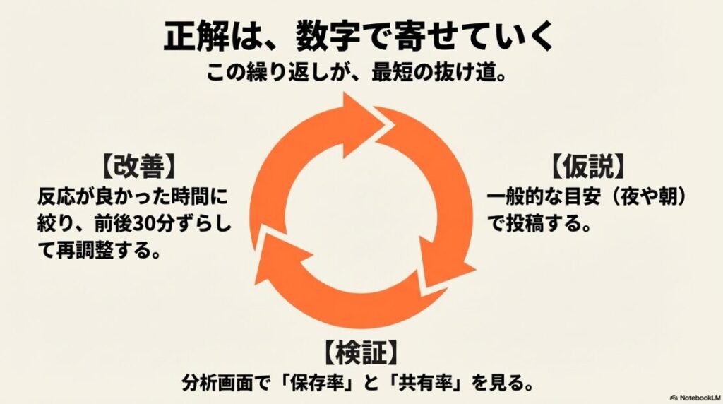 インスタのリールがバズる時間は？何時に投稿：仮説を立てて投稿し、保存率や共有率を検証した上で、反応が良い時間帯の前後30分にずらして改善を繰り返すPDCAサイクル