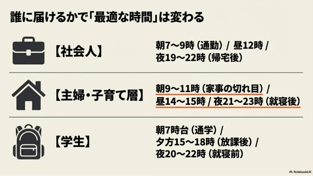 インスタのリールがバズる時間は？何時に投稿：社会人、主婦・子育て層、学生など、ターゲット層の生活スタイルに合わせたインスタリールの最適な投稿時間帯の目安