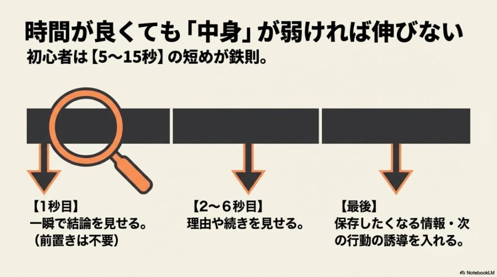インスタのリールがバズる時間は？何時に投稿：リールは時間が良くても中身が弱ければ伸びないため、1秒目で結論、2〜6秒目で理由、最後に行動を促すという動画構成の鉄則