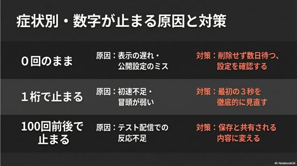 インスタのリールの再生回数が伸びない？急に減った原因：再生回数が0回・1桁・100回前後で止まる原因と、それぞれの具体的な対策をまとめた表のスライド画像
