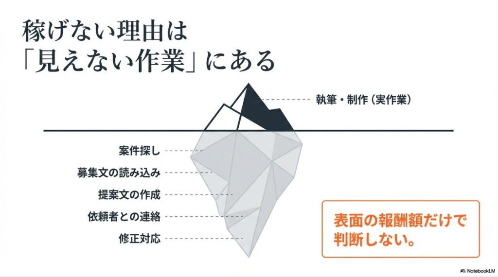 クラウドワークスで初心者が稼げない理由:案件探しや提案文作成など、執筆以外の見えない作業がクラウドワークスで稼げない理由であることを解説したスライド