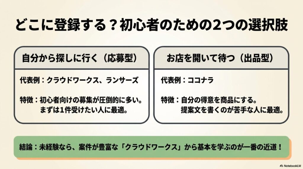 Webライター向けクラウドソーシングのおすすめ：避けるべき案件と選ぶべき案件の条件を天秤にかけた図解