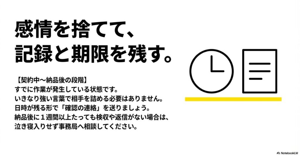 クラウドワークスでクライアントから連絡がこない:感情を捨てて、記録と期限を残す。