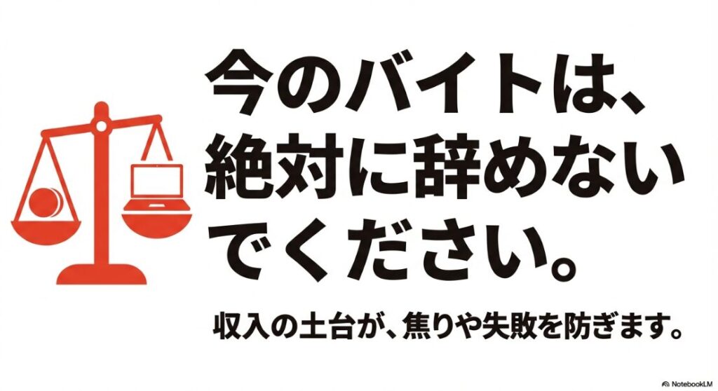 「今のバイトは、絶対に辞めないでください。収入の土台が、焦りや失敗を防ぎます。」というメッセージ 。