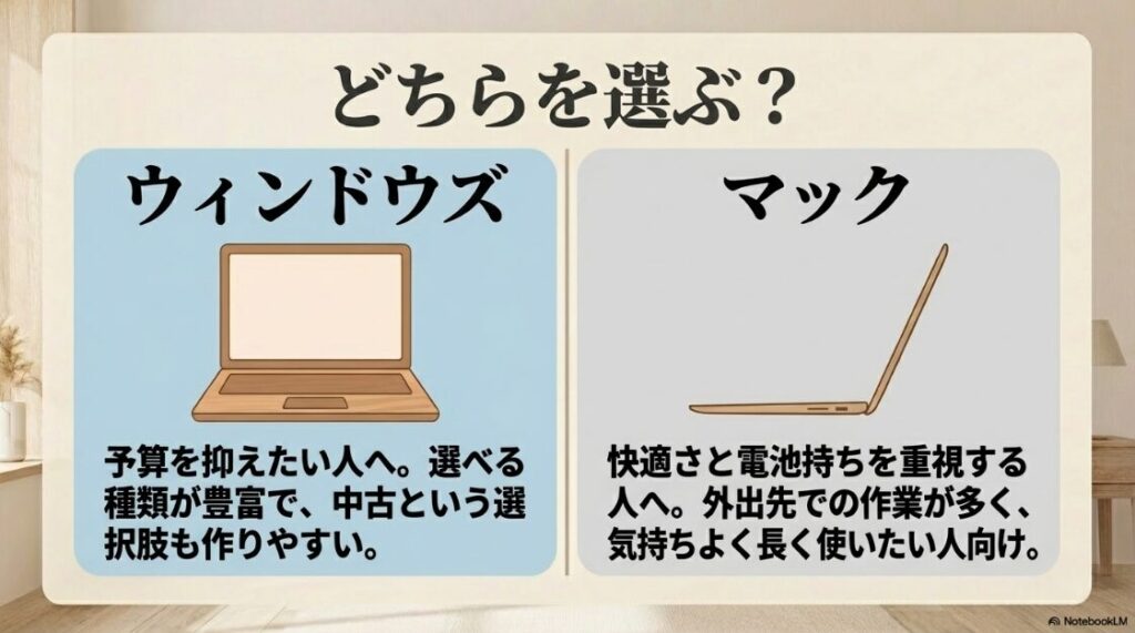 Webライターのパソコン選びでおすすめの初心者向け：ウィンドウズとマックの比較。予算を抑えたい人向けのWindowsと、快適さと電池持ちを重視する外出が多い人向けのMacという選び方の基準。