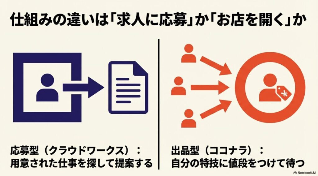 クラウドワークスとココナラとの違いは？どっちか比較：クラウドワークスとココナラの仕組みの違いを図解したスライド。クラウドワークスは「求人に応募」、ココナラは「お店を開く」仕組みであることが記載されている