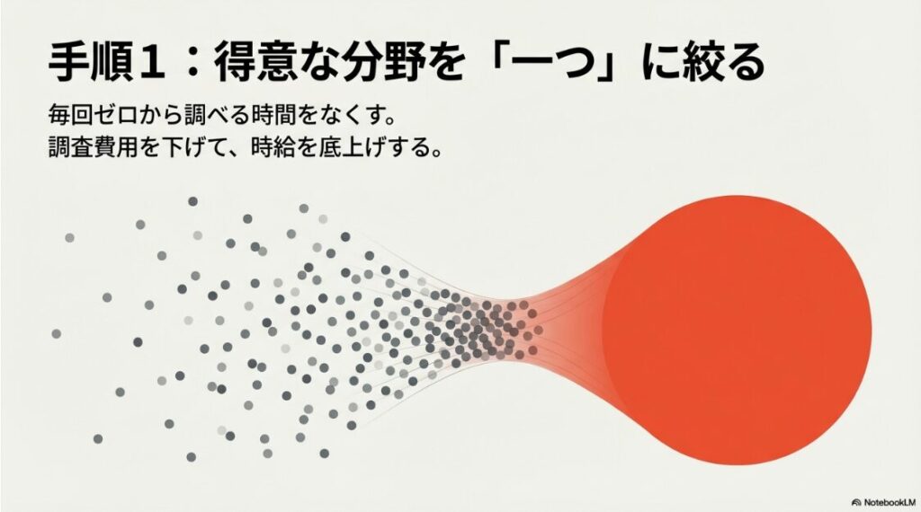 Webライターは儲からない?稼げない:手順1:得意な分野を一つに絞る。毎回ゼロから調べる時間をなくし時給を底上げする