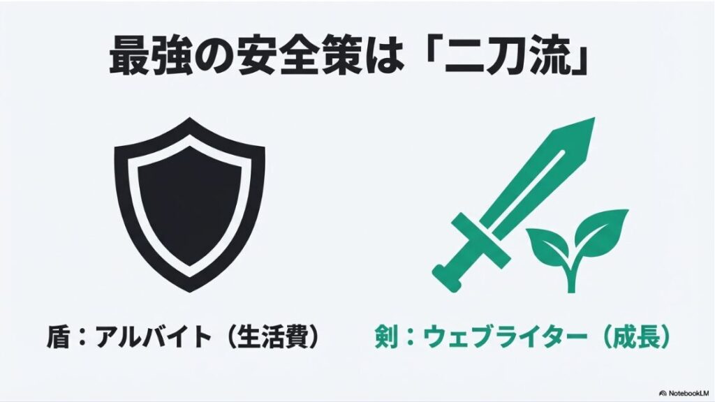 Webライターは大学生にはやめとけは本当?生活費を守る盾としてのアルバイトと、成長の剣としてのWebライターを両立する二刀流の安全策