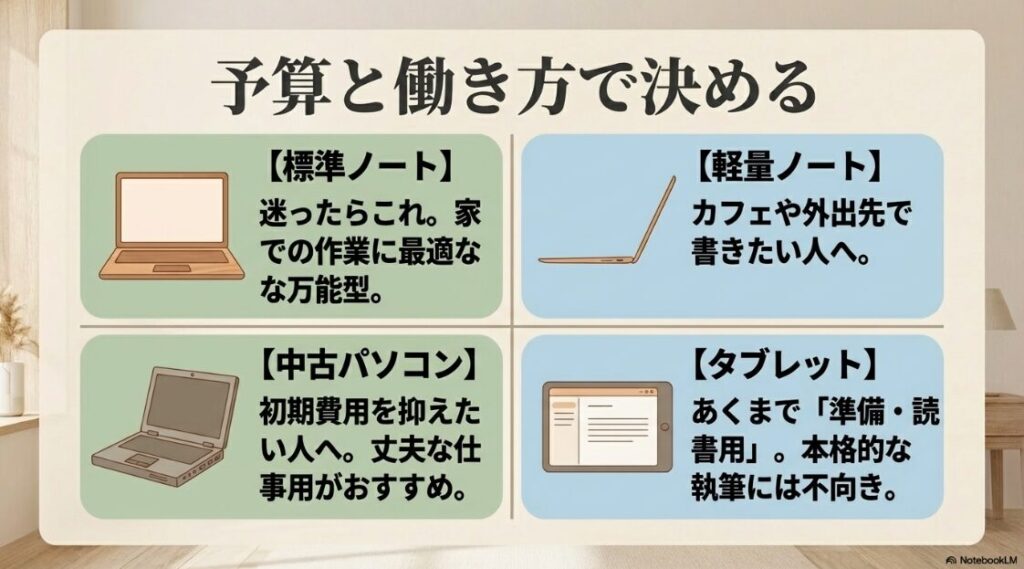 Webライターのパソコン選びでおすすめの初心者向け：予算と働き方で決める4つのパソコンの選択肢。家での作業に最適な標準ノート、初期費用を抑える中古パソコン、外出先向けの軽量ノート、準備や読書用のタブレットの特徴まとめ。