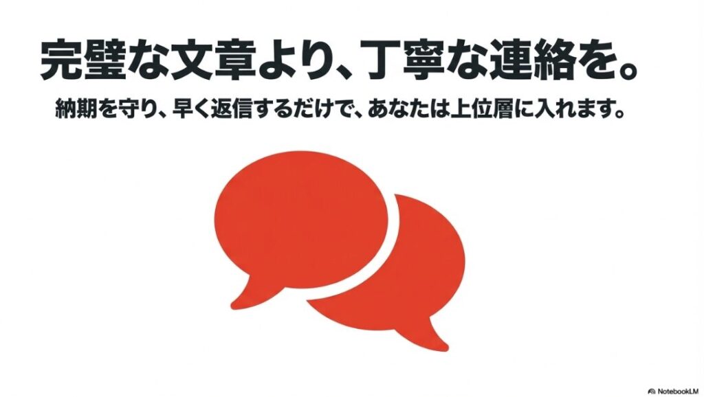 Webライターの大学生向け始め方｜2つの吹き出しのイラスト。「完璧な文章より、丁寧な連絡を。納期を守り、早く返信するだけで、あなたは上位層に入れます。」というテキスト 。