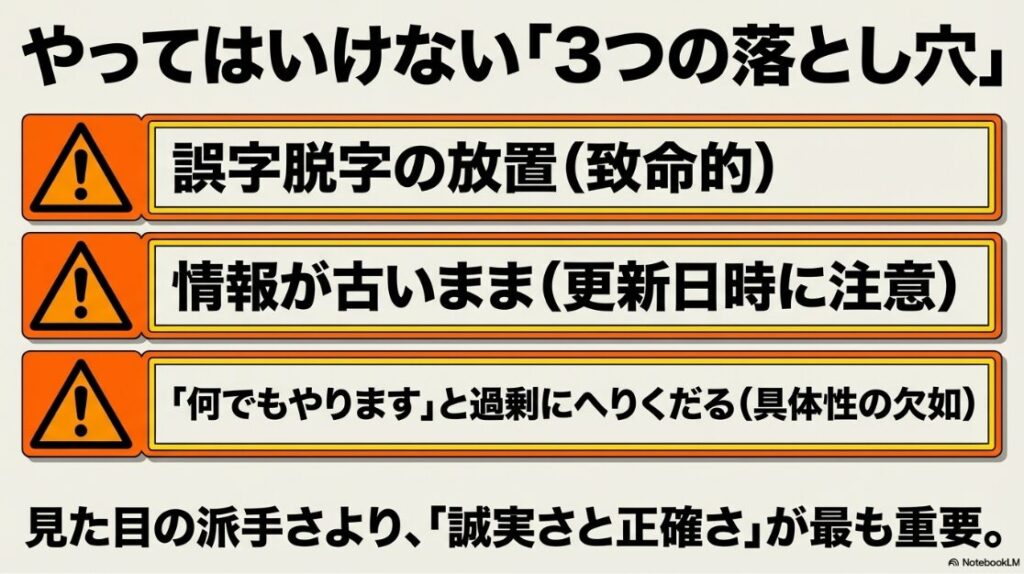 Webライターのポートフォリオ例│未経験の作り方:やってはいけない3つの落とし穴。誤字脱字の放置、情報が古いまま、何でもやりますと過剰にへりくだる点に注意し、誠実さと正確さを重視する 。