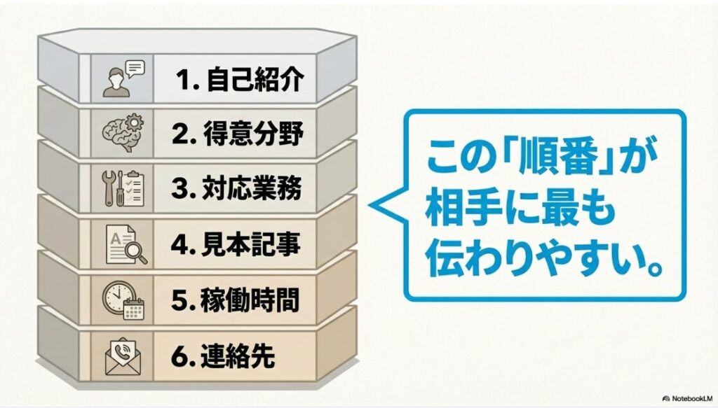 Webライターのポートフォリオ例│未経験の作り方:自己紹介、得意分野、対応業務、見本記事、稼働時間、連絡先の6項目を、相手に最も伝わりやすい順番で並べたリスト 。