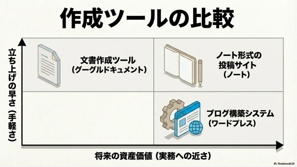 Webライターのポートフォリオ例│未経験の作り方:Googleドキュメント、note、WordPressの3つのツールを、立ち上げの早さと将来の資産価値(実務への近さ)の軸で比較した図解 。