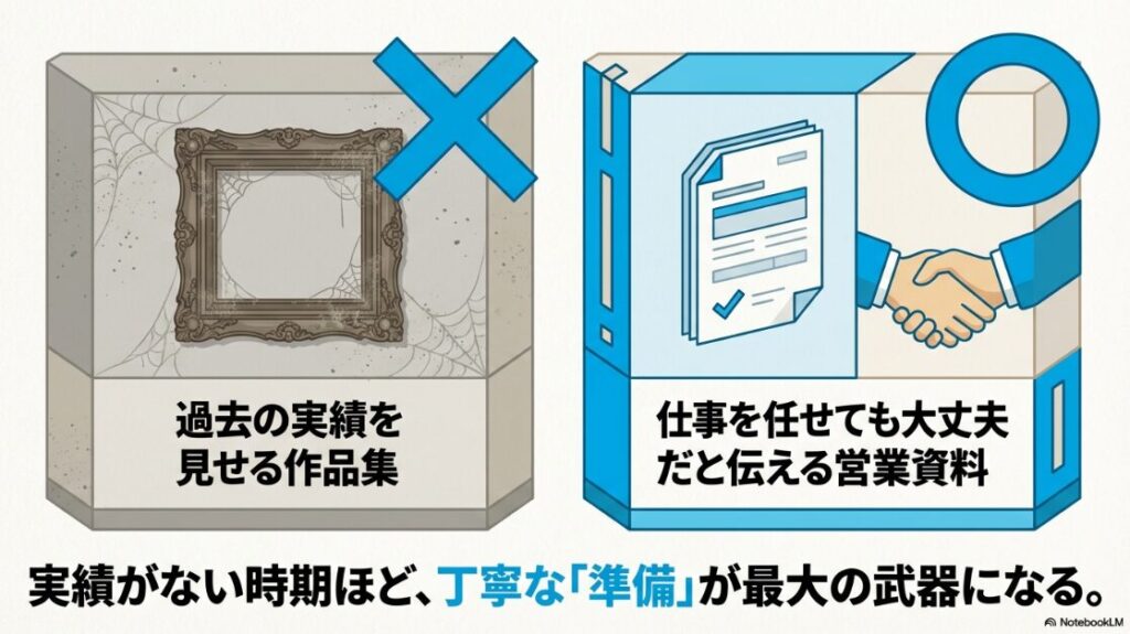 Webライターのポートフォリオ例│未経験の作り方:ポートフォリオは過去の実績を見せる作品集ではなく、仕事を任せても大丈夫だと伝えるための営業資料であることを示す図解 。実績がない時期ほど丁寧な準備が最大の武器になる 。