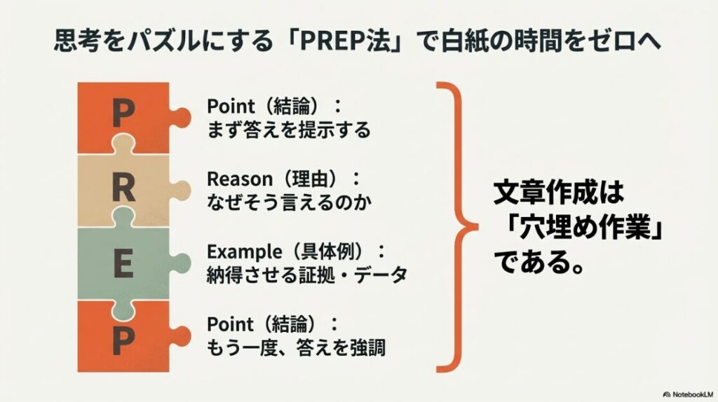 Webライターに向いてない人:結論、理由、具体例、結論の順番で構成される、白紙の時間をゼロにするPREP法の図解
