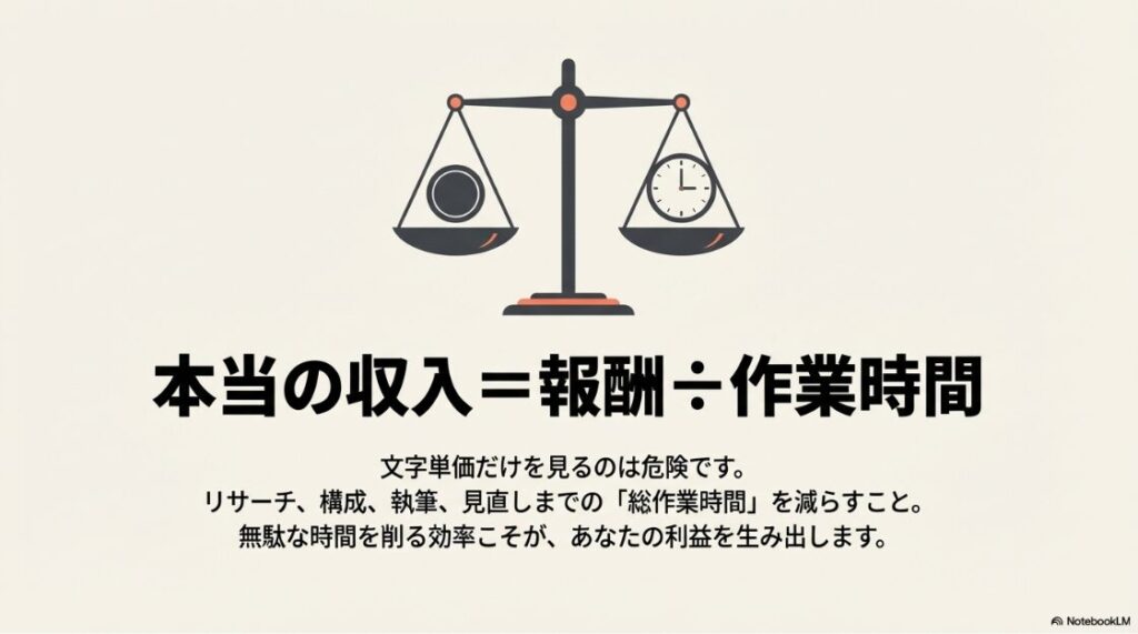 Webライターは後悔する？つらい理由：本当の収入は報酬を作業時間で割ったもの。文字単価だけを見る危険性