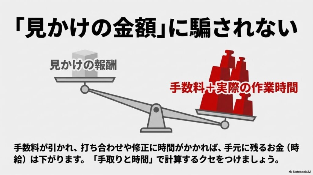 クラウドワークスでやばい案件の見分け方│見かけの報酬だけでなく、手数料と実際の作業時間から手取りを計算して仕事を選ぶ重要性を表す図。