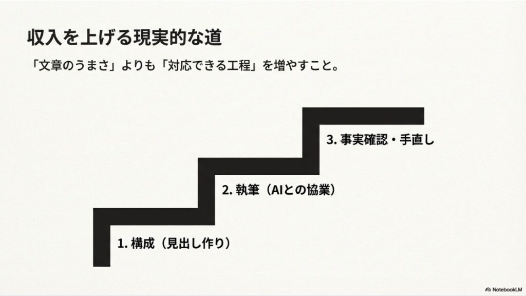 収入を上げる現実的な道。「文章のうまさ」よりも「対応できる工程」を増やすこと。1. 構成(見出し作り)、2. 執筆(AIとの協業)、3. 事実確認・手直し