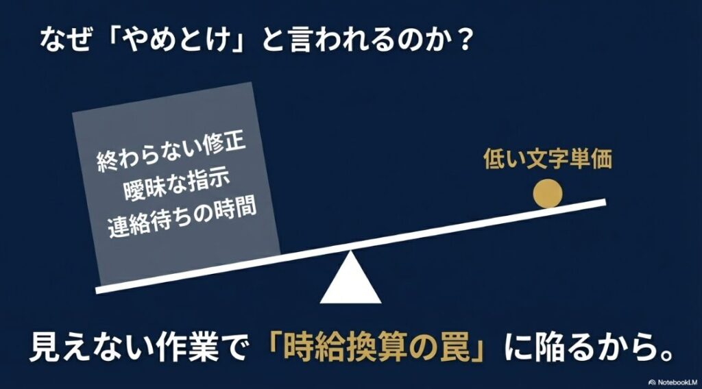 Webライター副業をやってみた体験談│終わらない修正や低い文字単価など、Webライターがやめとけと言われる理由の図解