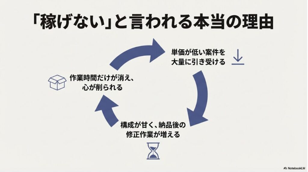 Webライターは稼げるのか：低単価案件の大量受注や、構成の甘さによる修正作業の増加が原因であることを解説