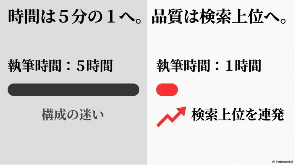 クラウドワークスの文字単価：時間は5分の1へ、品質は検索上位へ。構成の迷いをなくし、執筆時間を5時間から1時間へ短縮しつつ検索上位を連発します。