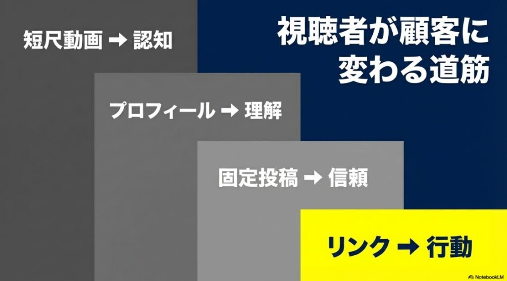 インスタのリール再生回数の伸ばし方まとめ│リールの再生回数を入口とし、プロフィールを出口として目的を再定義する図解。